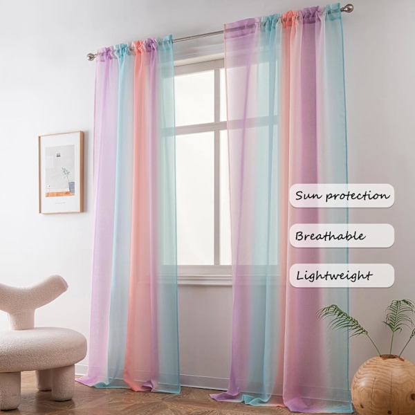 Regnbågsfärgad Ombre Skir Gardin - 140x213 cm Linne-Look Enkel Panel - Kanalfåll Design för Flickrum, Barnkammare & Sjöjungfruteman