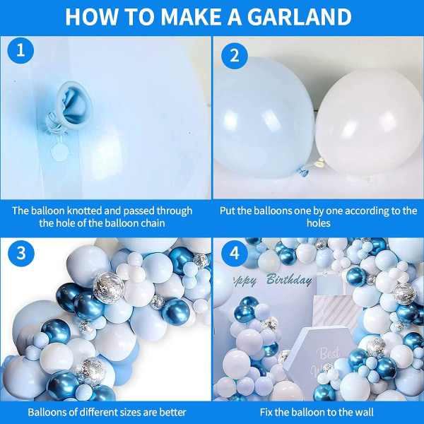Macaron Blue Balloon Garland Arch Kit, 109 kpl Blue White Silver L