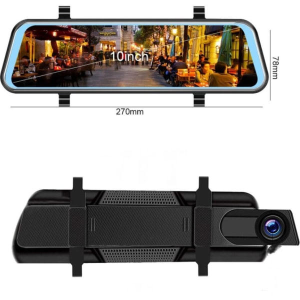 10 Dashcam Backspegel Backup-kamera med GPS, Nattvision, G-sensor, Loop-inspelning, Park Assist, Parkeringsläge