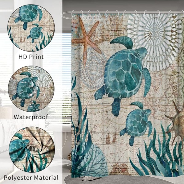 (150x180cm) Dusjforheng med 12 kroker Hurtigtørkende Skilpadde Vanntett Polyester Stoff Maskinvaskbare Baderomsgardiner