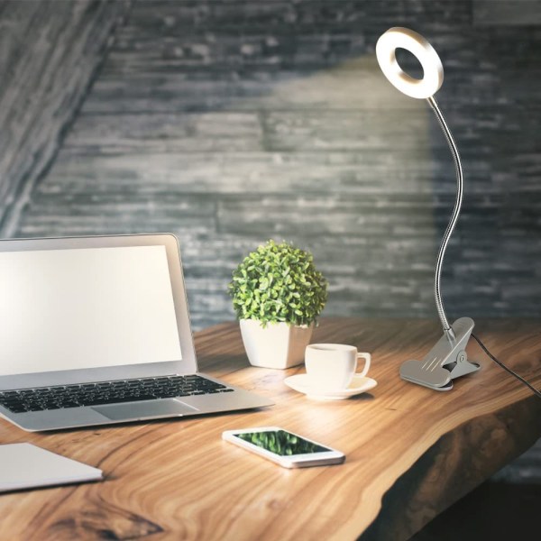 USB-skrivebordslampe, 48 LED 360° fleksibel, 3 farger og 10 dimbare lysstyrker, 7W LED-klipslampe, klipslampe for seng/skrivebord/nattbord/boklesing (sølv)