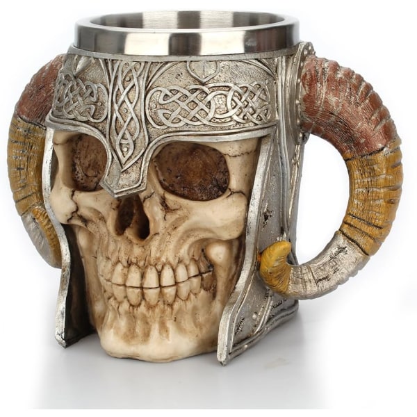 Viking Warrior Skull Mug Tankard Ram Horn Hjälmmugg (18oz)