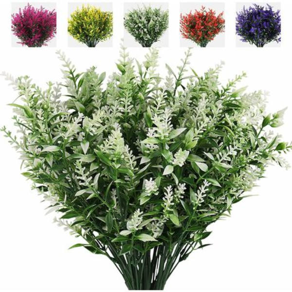 LangRay Konstgjord Lavendelväxt, 8 Buketter Utomhus Anti-Ultraviolett Grönt Blad Falska Buskar Simulering Växter Inomhus och Utomhus Hängande Blomkruka