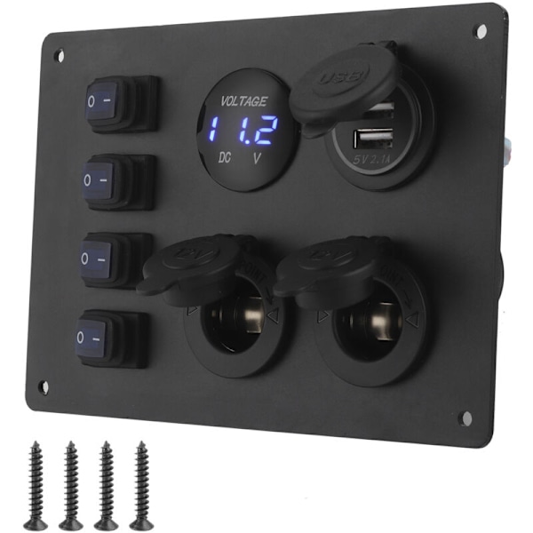 Panel med 4-sporet vandtæt kontakt med dobbelt USB-port og spændingsdisplay, 12 V stik til bil, båd, autocamper