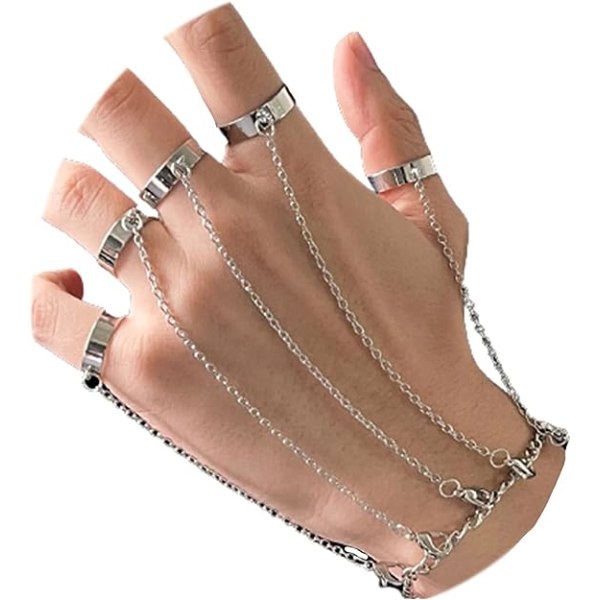 Punk finger länk armband, silver, 8", justerbar öppen rem ring
