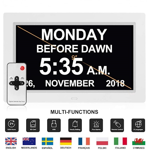 Digital kalender dag klokke fotoramme (9-tommers svart) - Automatisk dimming display, stor digital klokke for synshemmede, med ikke forkortet dag og
