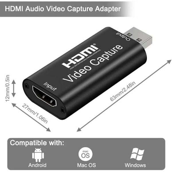 Ääni- ja videokaappauskortti, 1080p HDMI-USB-sovitin, kannettava Plug  Play -kaappauskortti suoratoistoon, videotallennukseen tai suoraan lähetykseen