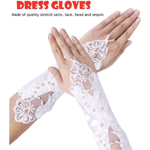 1 pair of lace satin sequin bride's fingerless gloves (white), elegant women's gloves, used for wedding, banquet, ball, dance, opera costumes