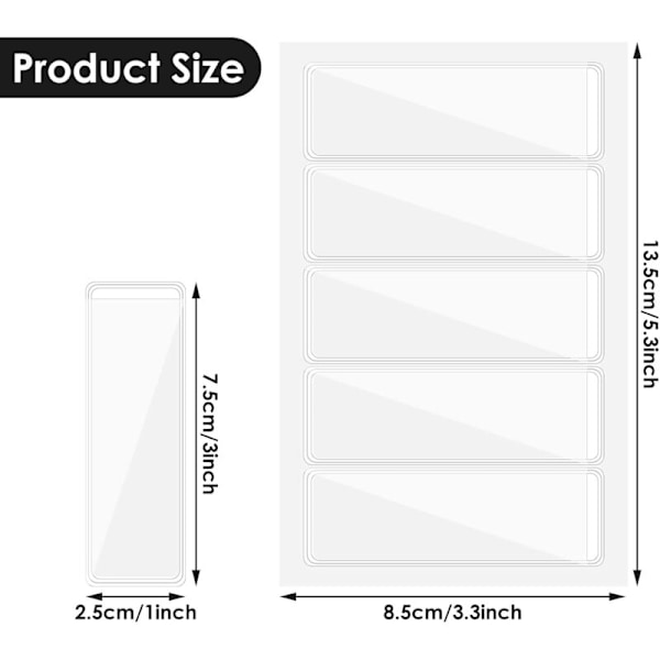 Set med 120 transparenta etiketthållare, 2,5 x 7,6 cm fyllnadsetiketter, transparenta självhäftande fickor med öppning upptill för förvaringslådor, anteckningsböcker, lådor