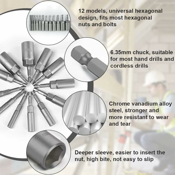 12 kpl Magneettinen hylsysarja 6-19mm Kromivanadiiniteräs Iskuhylsy Magneettinen kuusiokoloavainadapteri Sähköruuvimeisselille, Hylsyavain