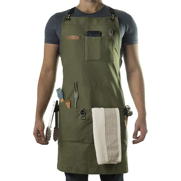 (Army Green) Barberforklæde med værktøjspose - Lærredsforklæde med Qui