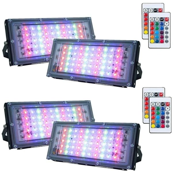 4 Pakning Dimbar RGB LED Flomlys Utendørs, IP66 Vanntett med Fjernkontroll, 16 Farger, 4 Lysmoduser for Utendørs, Innendørs og Utendørs (50W)