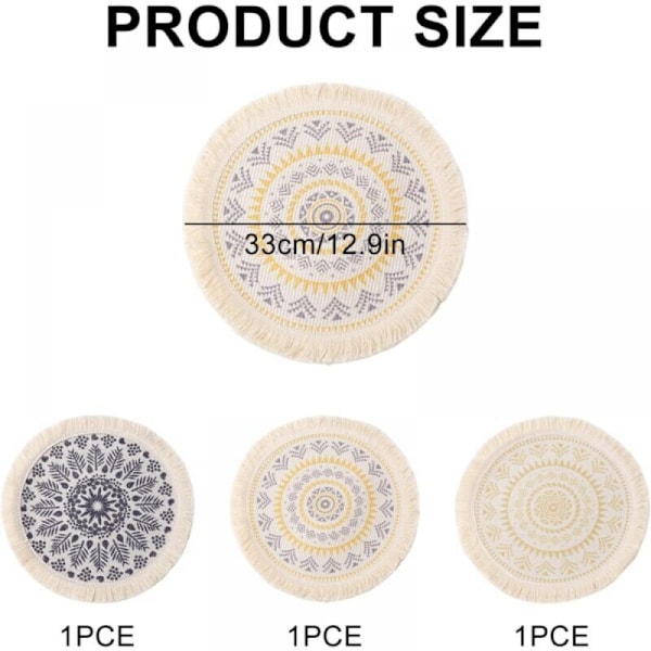 （3 kpl） Pyöreät Boho-kuviot, Pestävät Boho-pyöreät Boho-aluset, Boho-puuvilla-aluset, Pyöreät Boho-koriste-aluset, Luonnonpuuvilla päivittäiseen käyttöön, Mukautettu päivittäiseen käyttöön