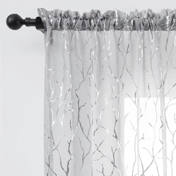 Sølv Treet Gren Gjennomsiktige Gardiner - 134,3 cm x 213,4 cm Stanglomme Paneler (Sett med 2) - Metallisk Grått Mønster for Stue og Soverom