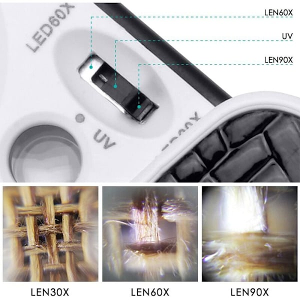 Lommelygte med LED-lys, 30X 60X 90X Lille forstørrelsesglas på stativ til smykker, sten, frimærker, valuta, antikke ure, fotomodeller - Sort