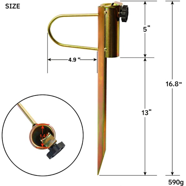 Parasollstøtte - Gulvhylse for hagen - Plenfeste for parasoller - Parasollfot - Gulvfeste med en mastdiameter på 26-32 mm (gullfarge)