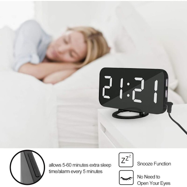 Digital väckarklocka, Spegelyta klocka 6.2in LED-display med två USB-portar, automatiskt dimmerläge, skrivbords väggklocka med snooze-funktion