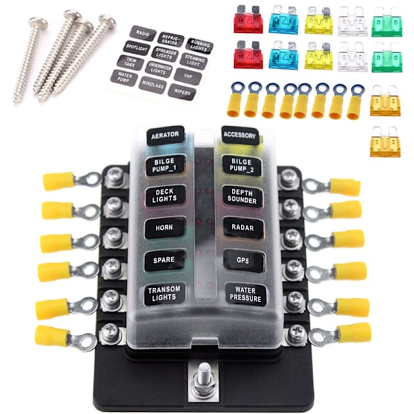 12-vägs bladsäkringsbox, säkringsblock med röd LED-indikator, 10 säkringar, 10 bilterminaler, båt, husvagn, 12 V 24 V lastbil