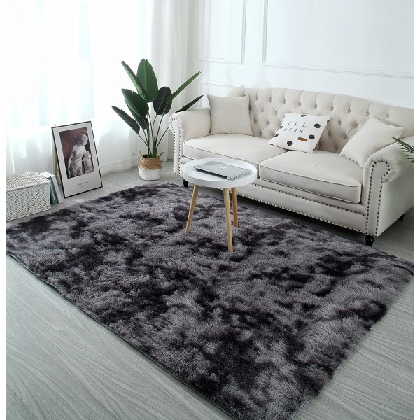 Fluffy gulvtæppe Fluffy Faux Fur Areal tæppe Dekorativt gradient gulvtæppe til soveværelse stue spisestue (Mørkegrå, 80×160cm)