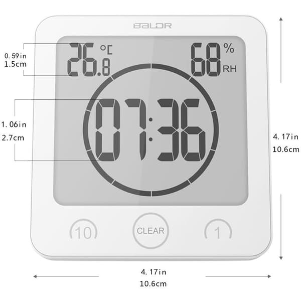 Badeværelsesur, Vandtæt Touch Control Brusebadsur, LCD Digital Alarm, Hygrometer Termometer, Nedtællingstimer, Batteridrevet, til Køkken Make