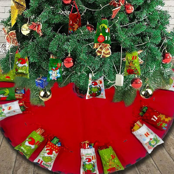 92cm Grinch julgransmatta, julkalender, nedräkning, presentpåse, julgranshänge dekoration