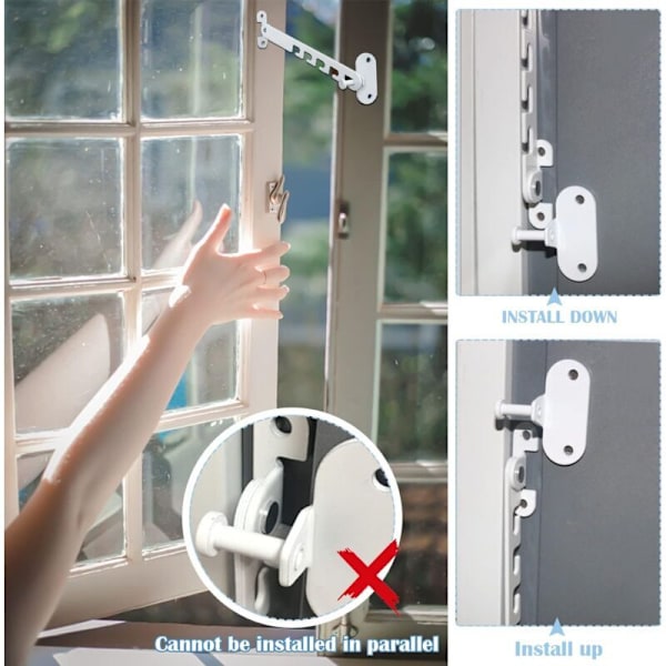Vinduesbegrænser til vinduer med hængsler, børnesikkerhedslås, anti-klem lås, vinduesventilationsbegrænser, udadgående åbning til UPVC, træ og aluminium vinduer, hvid