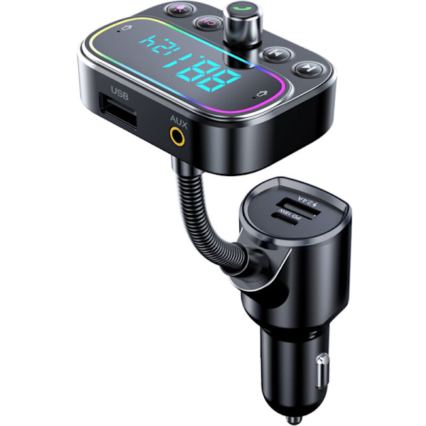 Bluetooth FM-lähetin kahdella mikrofonilla, [Yksi näppäin FM:n sammuttamiseen] Langaton handsfree-autosarja 3 USB-portilla, tukee USB-muistitikkua/AUX-lähtöä