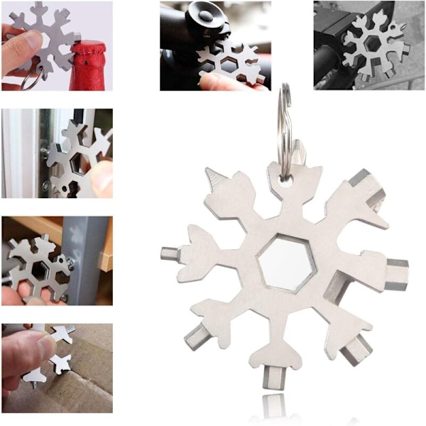 18-EU-1 Flocon Multifunktionellt Flocon-verktyg, skruvmejsel i form av en snöflinga/Bouteille/nyckelring för dagliga resor Camping Multifunktionella verktyg (sil