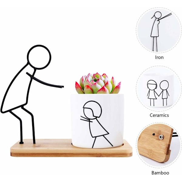 Herefun Keramisk Sukkulent Potte, Blomsterpotte med Bambusbakke, Sukkulente Potter Kaktus Potte, Potteplante til Sukkulenter, Blomsterpotte Gave til Hjem, Kontor