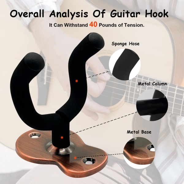 3-pak metal guitarvægbeslag med beskyttende svamp, egnet til bas, guitar, banjo, ukulele - rød bronze