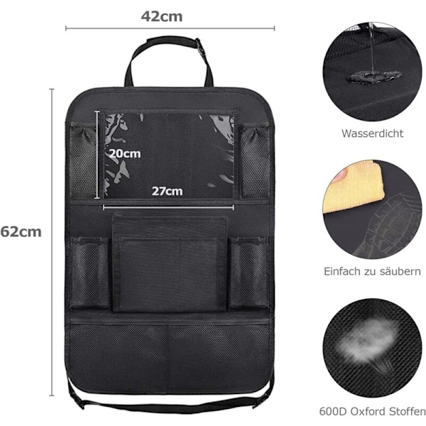 Lasten auton järjestäjä, 2 kpl auton säilytystila auton sisätilan lisävaruste, tuki läpinäkyvälle tabletille 10 taskua, musta