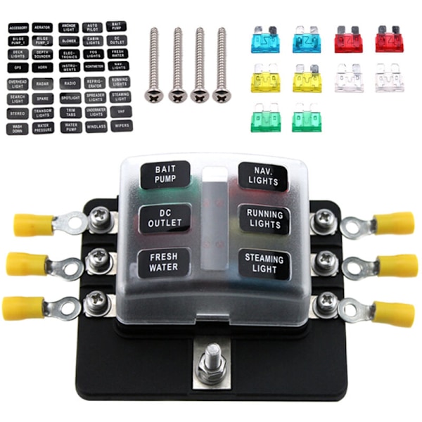 6-vejs sikringsboks, standard bladsikringsblokke med LED-indikator, 10 sikringer, 10 bilterminaler, båd, campingvogn, 12 V, 24 V