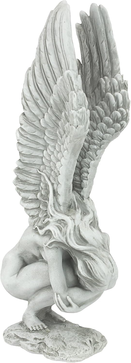 Ängelminnesmärke och Frälsning Religiös Trädgårdsstaty, Medium 24cm, Polyresin, Antik Sten