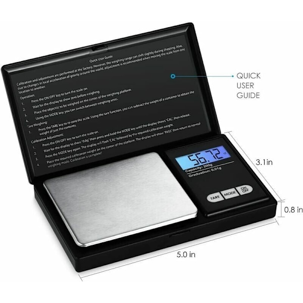 Presisjonsvekt 0.01g, 200g/0.01g, Lommevekt med LCD-display, Liten smykkevekt, Kjøkkenvekt, Presisjonsvekt med Tare-funksjon, Rustfritt stål