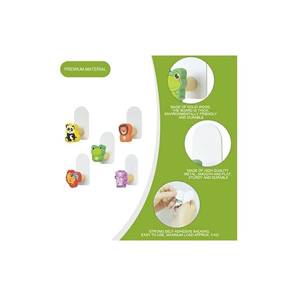 35x64mm Set med 5 självhäftande krokar för barn - i trä - utan borrning - för barnrum