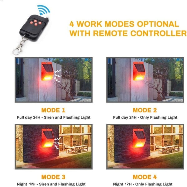 Aurinkokäyttöinen liiketunnistimella varustettu strobovalo Achort IP65 vedenpitävä LED-aurinkohälytys ilmaisin kaukosäätimellä, 129db ääni turvallisuus vedenpitävä sireeni kotiin, maatilalle,