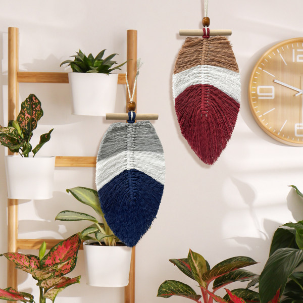 2 stk Boho blad veggdekor, Chic fjær blad veggkunst dekor bomull håndvevd soverom stue leilighet dekor (Stil 2)