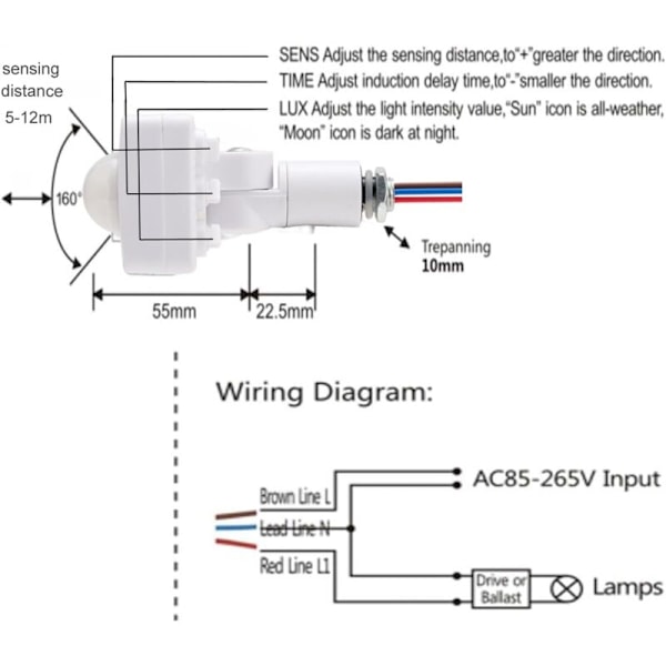 2 stk. PIR Krops Infrarød Bevægelsessensor AC 85-265V(220V), 12m Detektionsrækkevidde ved 160°, 10mm Monteringshul