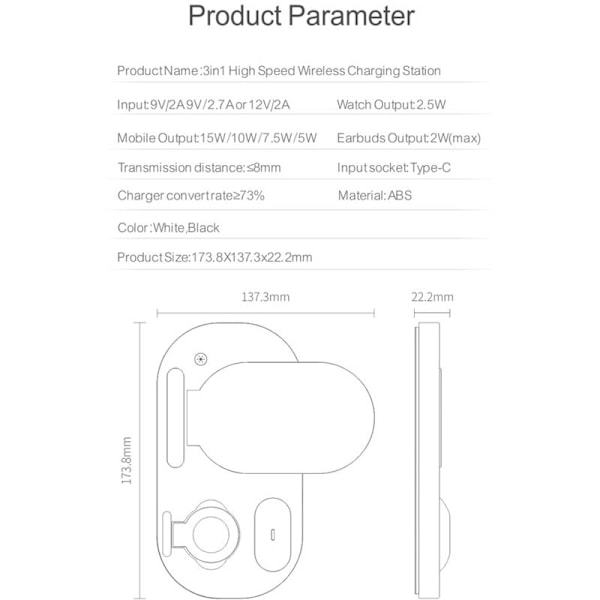 Teleport Kabel 3 i 1 Foldbar Trådløs Oplader Højhastigheds Trådløs Opladningsstation, 15W Hurtig Opladning Foldbar Opladningsstation Erstatning for IOS