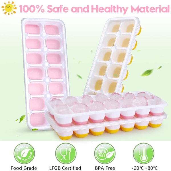 Silikone Isterningebakker - 14 Isterninger pr. Bakke, Spildsikre Låg, Stabelbare til Fryseren (4-pak, Pink)