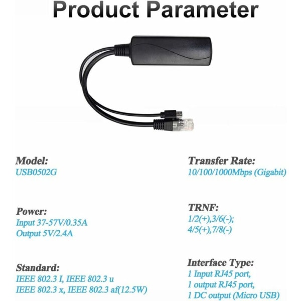 Gigabit Micro USB PoE Splitter Output 5V 2.4A, IEEE 802.3af Standard 10/100 / 1000Mbps Power Over Ethernet Splitter Adapter for Security IP Camera C