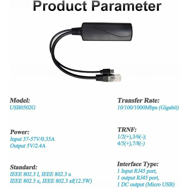 Gigabit Micro USB PoE Splitter Utmatning 5V 2.4A, IEEE 802.3af Standard 10/100 / 1000Mbps Power Over Ethernet Splitter Adapter för Säkerhets IP-kamera C