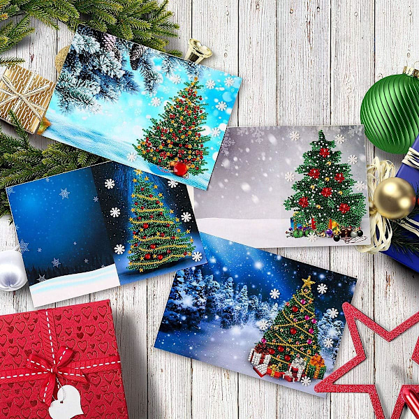 4 stk 5D Julekort DIY Håndlaget Diamantmalerisett Juletre Hilsenerkort med konvolutt for julehilsener
