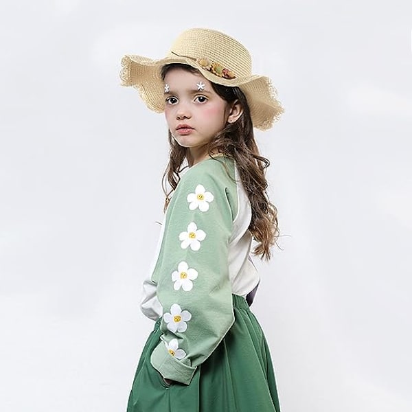(Beige) Halmhattar Flickor Sol och Liten Väska Set med Blomdekoration Anti-UV Sommarhatt för Barn Strand Resor Vandring 3-7 År Gamla
