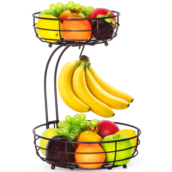 2-kerroksinen hedelmäkori banaaniripustimella, metallilanka vihannestuotteiden säilytyskorit keittiöön, hedelmätelineen organizer,