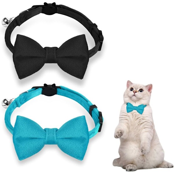 Set med 2 chatt-halsband med bjällra, justerbart sammetshalsband med fjärilsknut för husdjur, kattunge, katt, valp och examen, bröllop, födelse
