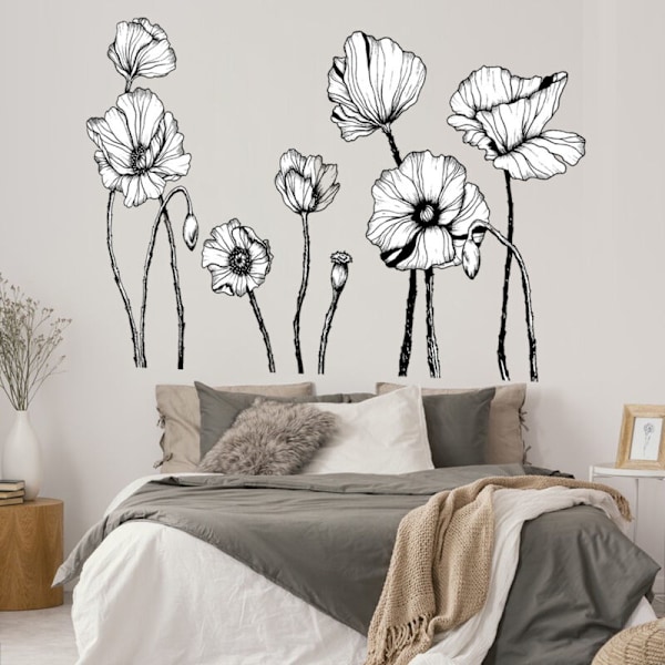 Svart Vallmoblomma Väggdekaler, Blommiga Väggdekaler, Väggdekor för Sovrum, Vardagsrum, TV-Bakgrund, Heminredning (30x90cmx2ST)