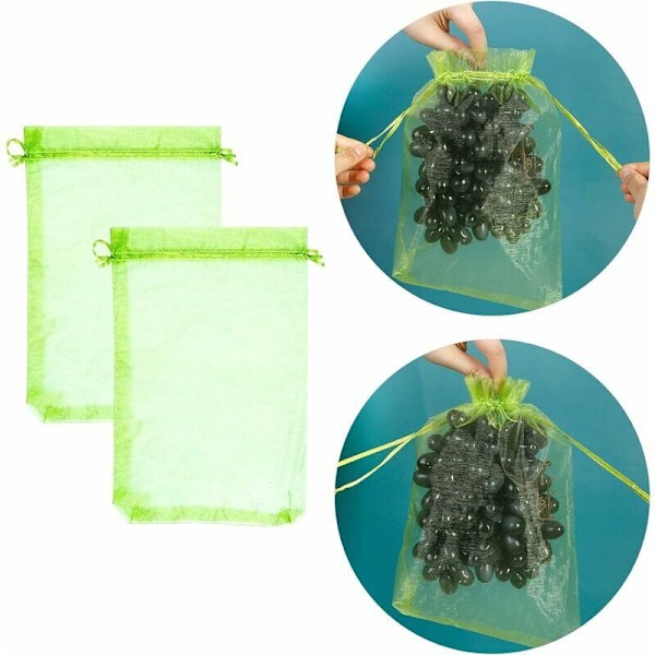 100 stk. beskyttelsesposer til drueklaser, størrelse: 30 x 20 cm, farve: grøn, med snor, giver total beskyttelse mod hvepse, fugle, materiale: Organza