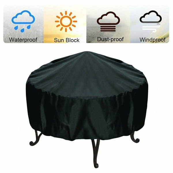 Black Round Fire Pit Cover Waterproof Dust-proof Outdoor Garden Patio Protective Cover with Drawstring for Stove (M)