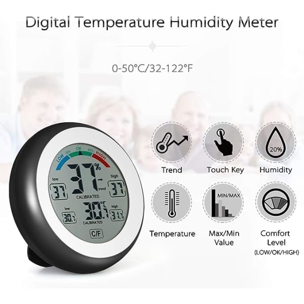 Digital hygrometer, inomhus termometer hygrometer rumstemperatur, max min display noggrann väggbordstermometer med pekskärm för växthus
